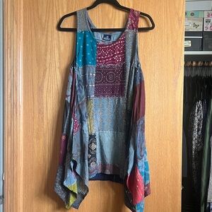 Patchwork Boho Sleeveless Tunic in Teal, Burgundy & Gray